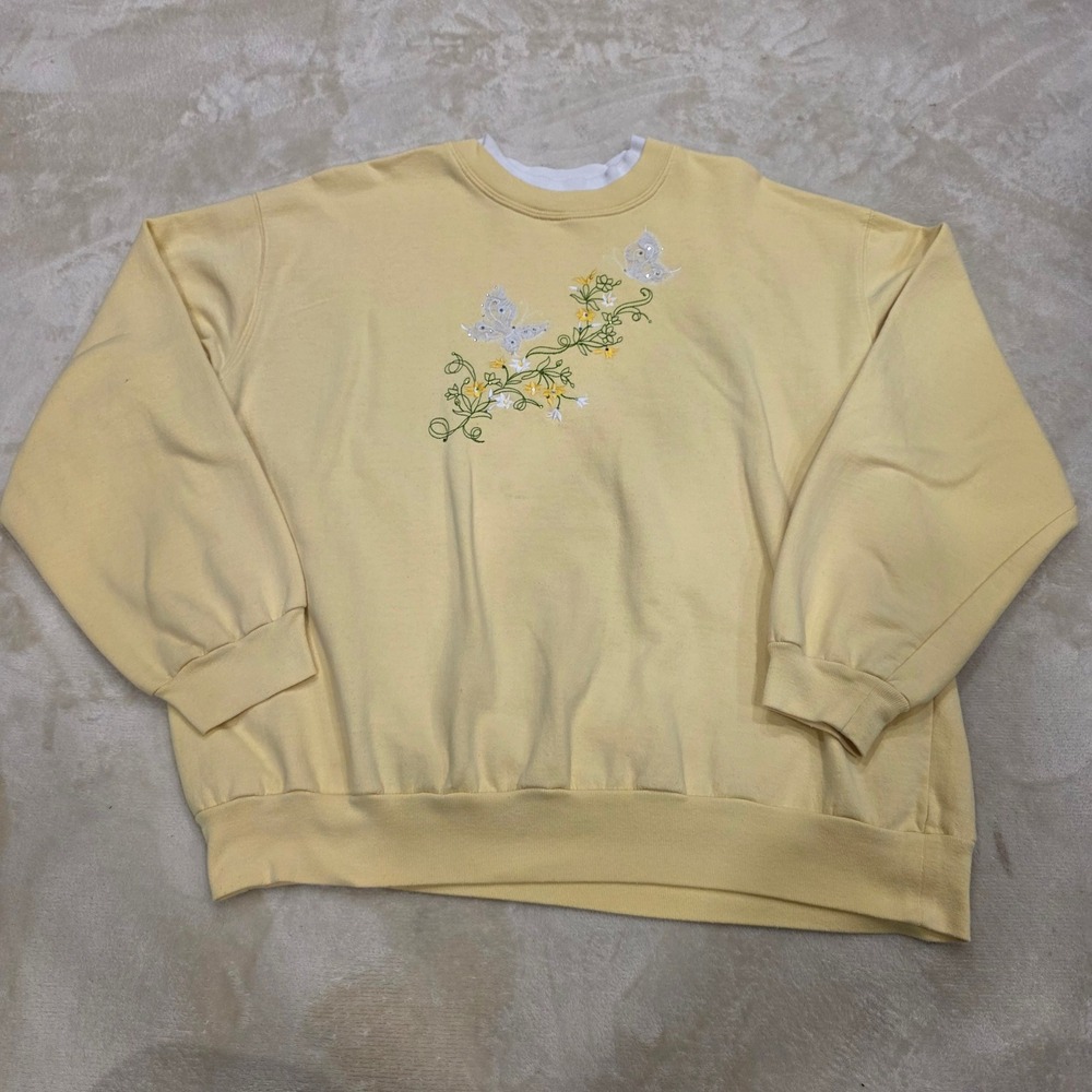 Vintage 90s Embroidered Butterfly Floral Sweatshirt Yellow Double Collar Size L
